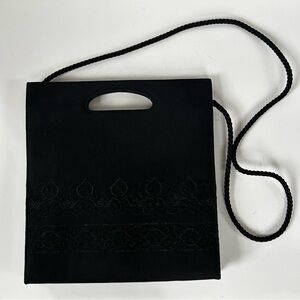 Vintage Xavier Denaud Paris Structured Black Embroidered Clutch Cut Out Handle